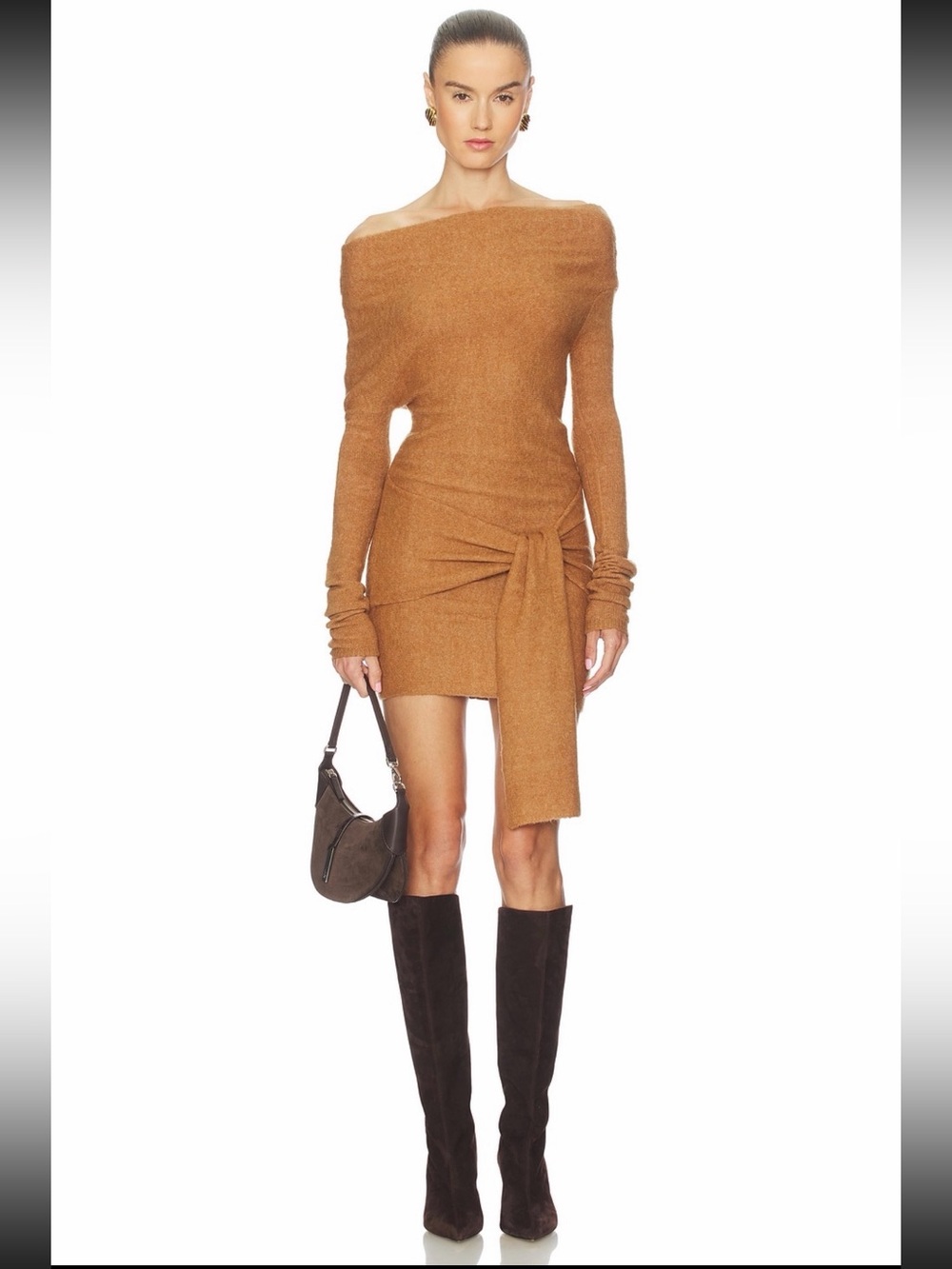 Camila Coelho Leonie Camel Off Shoulder Wool Knit Tie Waist Sweater Mini Dress M